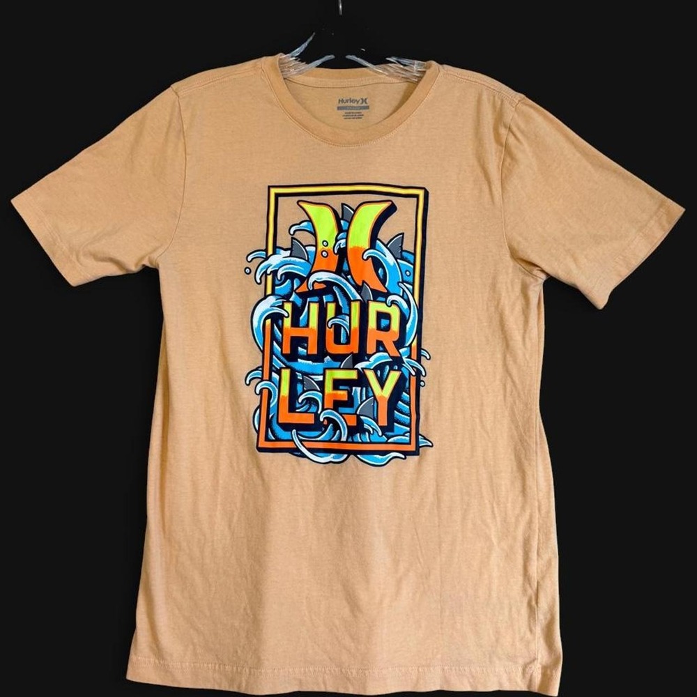 Hurley Boys Graphic Tee Tan Shark Ocean Waves Logo T-Shirt Size 18/20 XL/Wmns Sm
